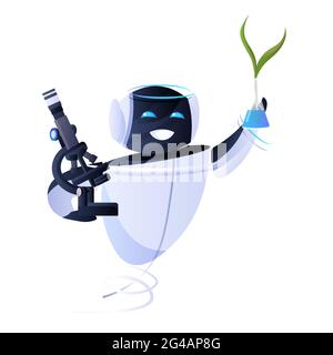 modern robot holding microscope and test tube with genetically modified plant scientific research Stock Vector
