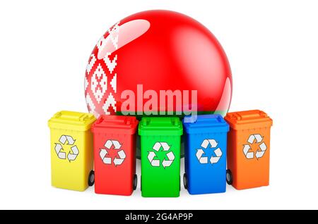 Waste recycling in Belarus. Colored recycling bins with Belarusian flag, 3D rendering isolated on white background Stock Photo