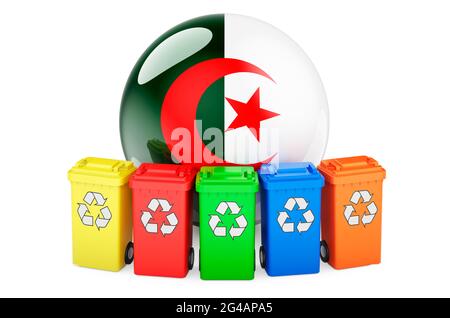Waste recycling in Algeria. Colored recycling bins with Algerian flag, 3D rendering isolated on white background Stock Photo