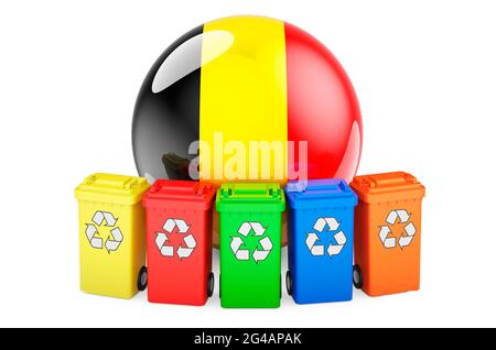 Waste recycling in Belgium. Colored recycling bins with Belgian flag, 3D rendering isolated on white background Stock Photo