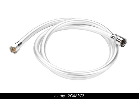 New shower plastic pvc hose isolated on a white background. Field with Clipping Path. Stock Photo