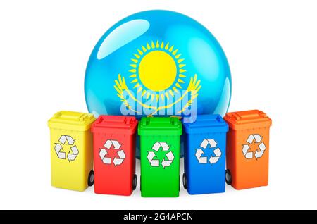 Waste recycling in Kazakhstan. Colored recycling bins with Kazakh flag, 3D rendering isolated on white background Stock Photo