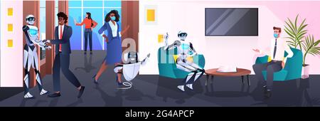 businesspeople discussing and shaking hands with robots partnership agreement communication artificial intelligence Stock Vector
