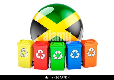 Waste recycling in Jamaica. Colored recycling bins with Jamaican flag, 3D rendering isolated on white background Stock Photo