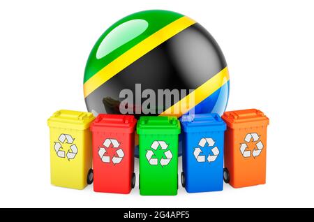 Waste recycling in Tanzania. Colored recycling bins with Tanzanian flag, 3D rendering isolated on white background Stock Photo