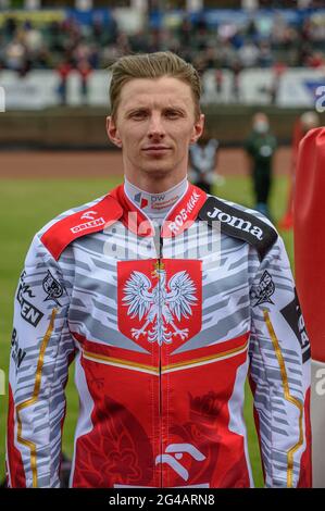 Glasgow, Scotland, UK. 19th June 2021. Tobiasz Musielak (Poland) during the FIM Speedway Grand Prix Qualifying Round at the Peugeot Ashfield Stadium, Glasgow on Saturday 19th June 2021. (Credit: Ian Charles | MI News) Credit: MI News & Sport /Alamy Live News Stock Photo