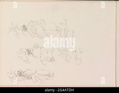 Figure studies. Among other things, three studies of a standing woman with headdress, possibly a dancer. Leaf 17 Verso from sketchbook III with 36 sheets. Stock Photo