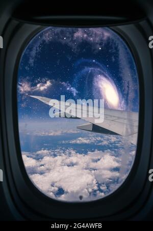 Window view of space with galaxy and stars. Stock Photo