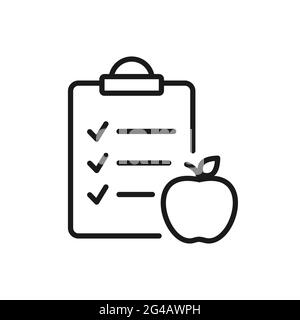 Apple with checklist line icon. Healthy diet concept. Nutrition plan. Meal schedule. Fruit and vegetables importance. Vegan, vegetarian food concept Stock Vector