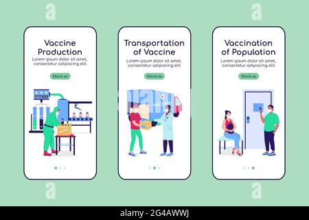 Vaccine manufacturing onboarding mobile app screen flat vector template Stock Vector