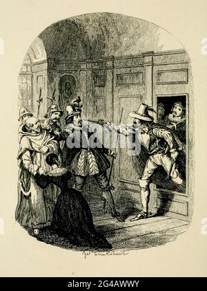 Guy Fawkes and Humphrey Chetham Rescuing Father Oldcorne and Viviana Radcliffe from the Pursuivant From the book ' Guy Fawkes; or, The gunpowder treason. An historical romance ' by William Harrison Ainsworth,, with illustrations on steel by  George Cruikshank. Published in London, by George Routledge and sons, limited in 1841. Guy Fawkes (13 April 1570 – 31 January 1606), also known as Guido Fawkes while fighting for the Spanish, was a member of a group of provincial English Catholics who was involved in the failed Gunpowder Plot of 1605. He was born and educated in York; his father died when Stock Photo