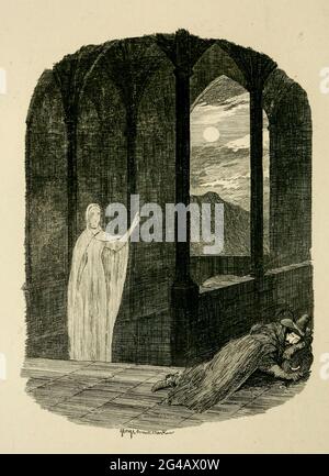 Vision of Guy Fawkes at Saint Winifred's Well From the book ' Guy Fawkes; or, The gunpowder treason. An historical romance ' by William Harrison Ainsworth, with illustrations on steel by  George Cruikshank. Published in London, by George Routledge and sons, limited in 1841. Guy Fawkes (13 April 1570 – 31 January 1606), also known as Guido Fawkes while fighting for the Spanish, was a member of a group of provincial English Catholics who was involved in the failed Gunpowder Plot of 1605. He was born and educated in York; his father died when Fawkes was eight years old, after which his mother mar Stock Photo