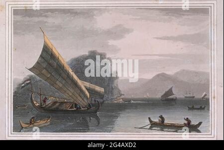 MALAY PROAS AND CANOES the entrance to the straits of Sunda presents a noble sweep of mountains, which rise in a magnificent arch from the bosom of the ocean. colour print from the book ' A Picturesque Voyage to India by Way of China  ' by Thomas Daniell, R.A. and William Daniell, A.R.A. London : Printed for Longman, Hurst, Rees, and Orme, and William Daniell by Thomas Davison, 1810. The Daniells' original watercolors for the scenes depicted herein are now at the Yale Center for British Art, Department of Rare Books and Manuscripts, Stock Photo