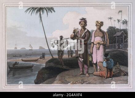 THE Malays of Sumatra have nothing to distinguish them from those of Java colour print from the book ' A Picturesque Voyage to India by Way of China  ' by Thomas Daniell, R.A. and William Daniell, A.R.A. London : Printed for Longman, Hurst, Rees, and Orme, and William Daniell by Thomas Davison, 1810. The Daniells' original watercolors for the scenes depicted herein are now at the Yale Center for British Art, Department of Rare Books and Manuscripts, Stock Photo