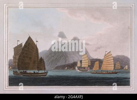 THE Chinese vessels, though presenting greater variety in size and structure than the Malay proas, are almost equally inferior to the marine architecture of Europe. The frame, or, more properly speaking, the hull, of these boats, consists of five planks corresponding at each end, the edges being joined together by wooden pins and stitched with threads of the bamboo. colour print from the book ' A Picturesque Voyage to India by Way of China  ' by Thomas Daniell, R.A. and William Daniell, A.R.A. London : Printed for Longman, Hurst, Rees, and Orme, and William Daniell by Thomas Davison, 1810. The Stock Photo