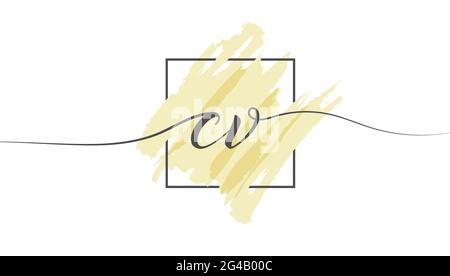 Calligraphic lowercase letters CV in a single line on a colored background in a frame. Vector Illustration Simple Style Stock Vector