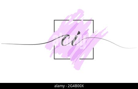 Calligraphic lowercase letters CI in a single line on a colored background in a frame. Vector Illustration Simple Style Stock Vector