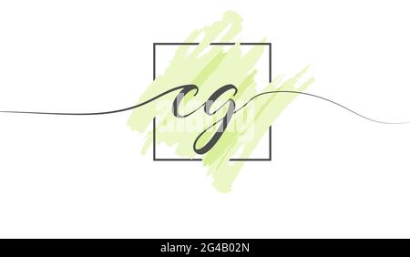 Calligraphic lowercase letters CG in a single line on a colored background in a frame. Vector Illustration Simple Style Stock Vector