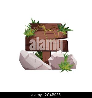Empty wooden plank with tropical leaves. Retro banners for game. Stock Vector