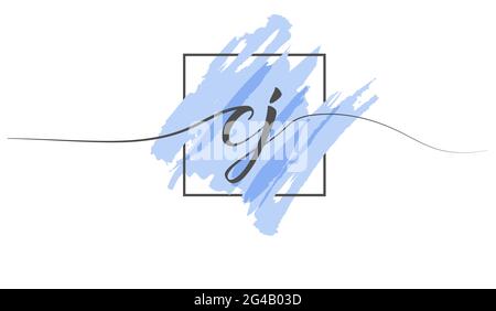 Calligraphic lowercase letters CJ in a single line on a colored background in a frame. Vector Illustration Simple Style Stock Vector