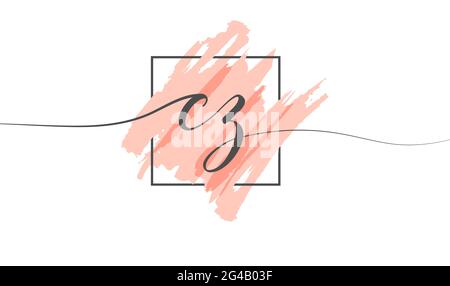 Calligraphic lowercase letters CZ in a single line on a colored background in a frame. Vector Illustration Simple Style Stock Vector