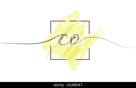 Calligraphic lowercase letters CO in a single line on a colored background in a frame. Vector Illustration Simple Style Stock Vector