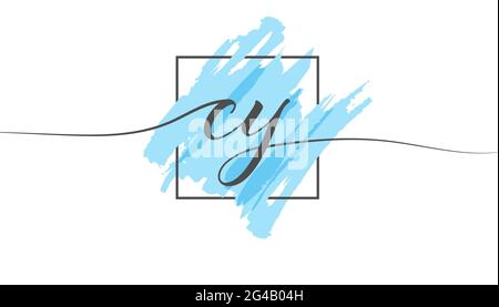 Calligraphic lowercase letters CY in a single line on a colored background in a frame. Vector Illustration Simple Style Stock Vector