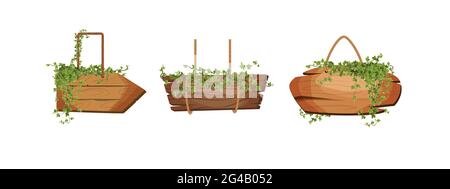 Empty wooden planks hanging on ropes with tropical leaves. Retro banners for game. Stock Vector