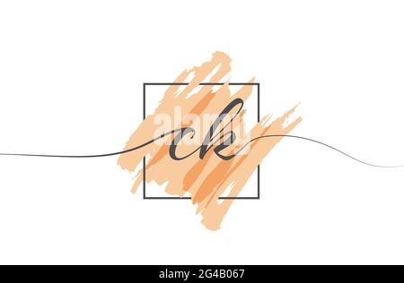 Calligraphic lowercase letters CK in a single line on a colored background in a frame. Vector Illustration Simple Style Stock Vector