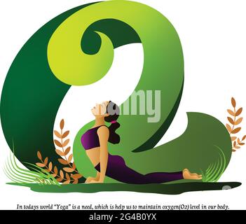 illustration of yoga day with greenery indicates young girl doing yoga to maintain the oxygen level in her body. Stock Vector