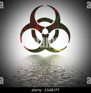 Biohazard warning sign reflected in water surface. Stock Photo