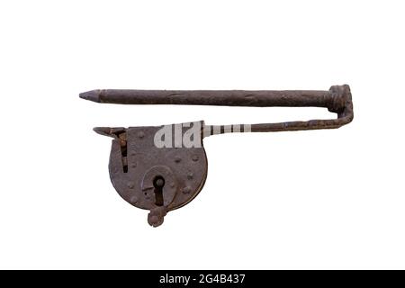 Old cast iron lock used in Andalusian house and buildings isolated on white background Stock Photo
