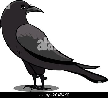 Black Crow with Shadow. Black Bird. Birds from Different parts of World. Common Birds. Bird Icon Vector Illustrations Isolated Doodle. Stock Vector
