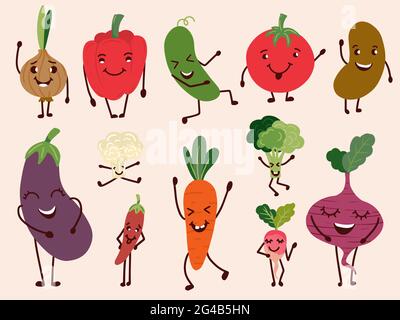 Cheerful vegetable characters. Set of happy and funny vegetables. Vector illustration. Stock Vector