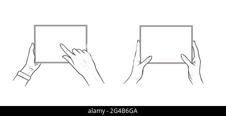 Hands holding tablet with finger chosing an app. Set of horizontal tablets in hands of a human. Sketch vector illustration isolated in white Stock Vector