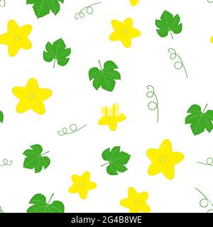 Seamless pattern with cucumber or kiwano leaves and flowers isolated on white background. Vector illustration for any design. Stock Vector