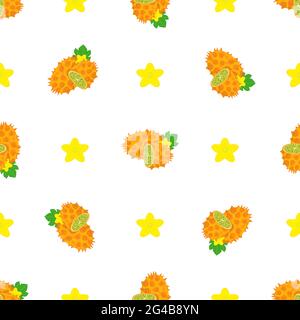 Seamless pattern with fresh yellow kiwano fruit and flowers isolated on white background. Summer fruits for healthy lifestyle. Organic fruit. Cartoon Stock Vector