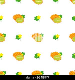 Seamless pattern with fresh yellow kiwano fruit and flowers isolated on white background. Summer fruits for healthy lifestyle. Organic fruit. Cartoon Stock Vector