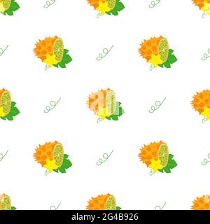 Seamless pattern with fresh yellow kiwano fruit and flowers isolated on white background. Summer fruits for healthy lifestyle. Organic fruit. Cartoon Stock Vector
