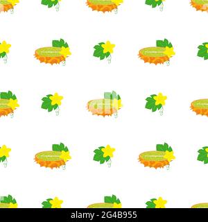 Seamless pattern with fresh yellow kiwano fruit and flowers isolated on white background. Summer fruits for healthy lifestyle. Organic fruit. Cartoon Stock Vector