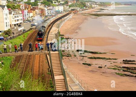 Southern Region West Country class pacific No 34046 Braunton passing Dawlish with the English Riviera Express. 16th June 2019.