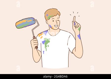 Professional painter, decorator, builder worker concept. Painter man cartoon character pointing finger up with paint roller feeling excited vector illustration  Stock Vector