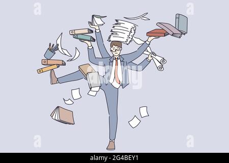 Business multitasking and time management concept. Young frustrated businessman cartoon character standing with heap of books document paperwork feel stressed and tired trying to manage everything Stock Vector