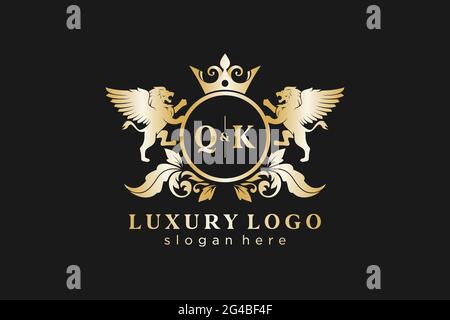 QK Letter Lion Royal Luxury Logo template in vector art for Restaurant, Royalty, Boutique, Cafe, Hotel, Heraldic, Jewelry, Fashion and other vector il Stock Vector