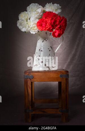 vintage milk jug on a small wooden table containing red and white roses in full bloom Stock Photo