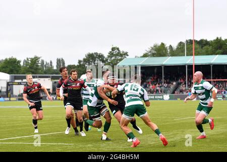 Saracens' Jamie George is held up by Ealing Trailfinders' Bobby De Wee during the Greene King IPA Championship play off final second leg match at the StoneX Stadium, London. Picture date: Sunday June 20, 2021. Stock Photo