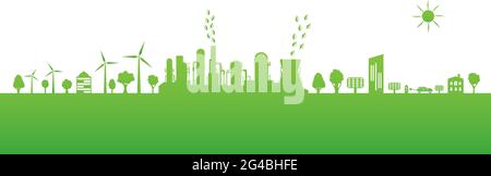 Environmentally friendly production. Silhouette of ecological city. Green energy with wind energy and solar panels. Concept of environment conservatio Stock Vector