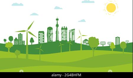 Concept green city with renewable energy sources. Ecological city and environment conservation. Green city with green trees, wind energy and solar pan Stock Vector