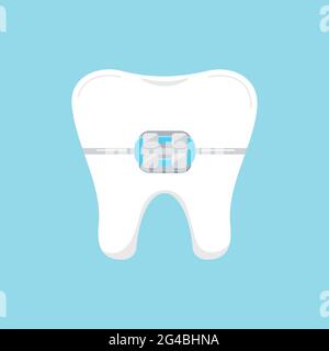 Tooth in braces dental icon isolated on blue background. Stock Vector