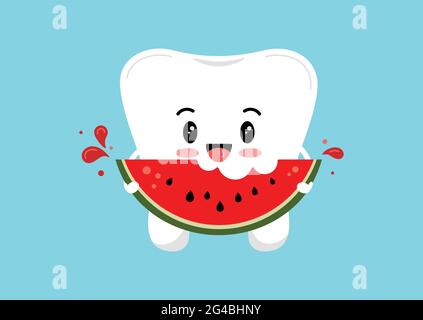 Cute tooth molar with watermelon piece in hand. Stock Vector